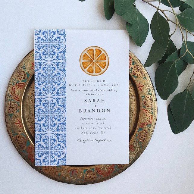 Invitación Boda Mediterránea de azulejos azules naranjas acua (Subido por el creador)