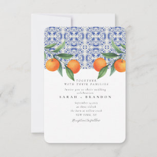 Invitación Boda Mediterránea de Azulejos Naranjas y Azules al
