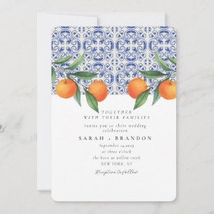 Invitación Boda Mediterránea de Baldosas Azules Naranjas Acua