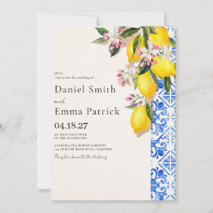 Invitación Boda Mediterránea Elegante de Limón y Azul