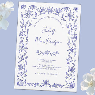 Invitación Boda Mediterránea Floral Azul Blanco