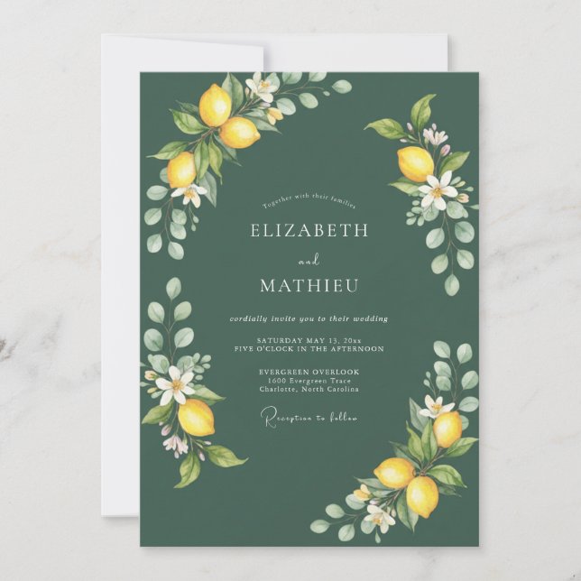Invitación Boda Mediterránea Fresca Verde Oscura (Anverso)