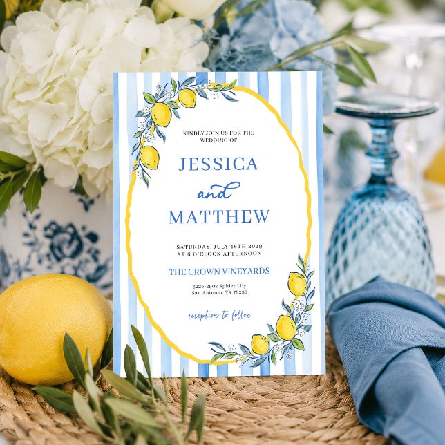 Invitación Boda Mediterránea Limón Rayado Azul  (Subido por el creador)