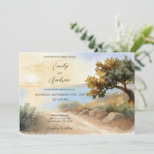 Invitación Boda Mediterránea Puesta de Sol Acuarela Costa Com