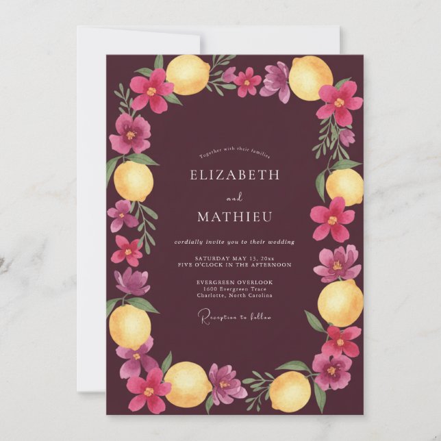 Invitación Boda Mediterránea Radiante Borgoña (Anverso)