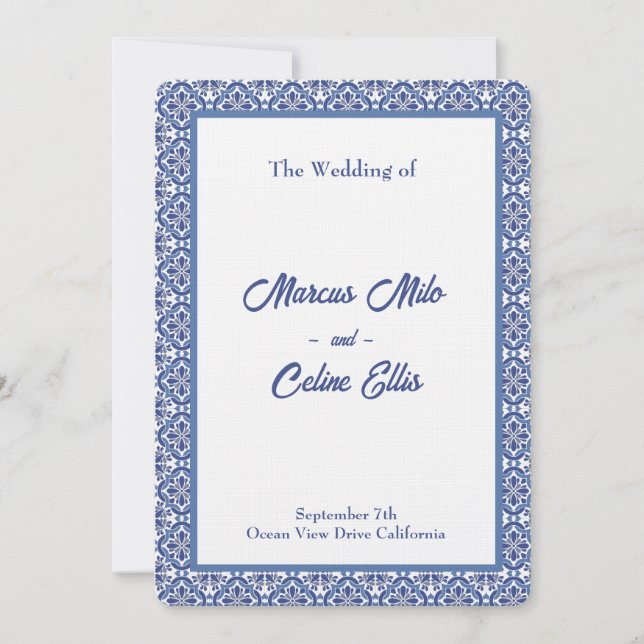 Invitación Boda mediterráneo azul y blanco (Anverso)