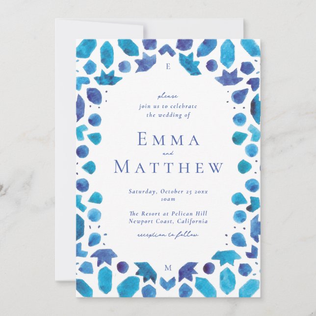 Invitación Boda mediterráneo Blue Tile (Anverso)