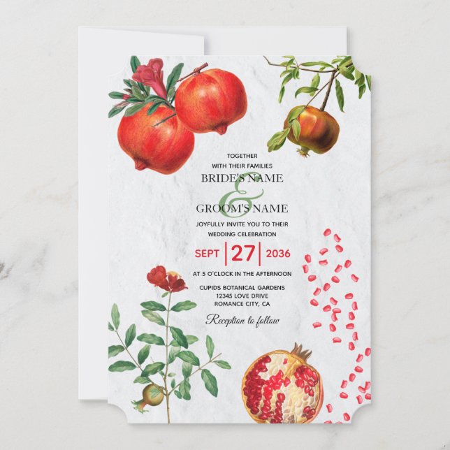 Invitación Boda mediterráneo botánico de Red Pomegranate (Anverso)