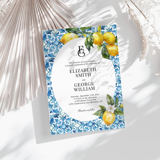 Invitación Boda mediterráneo clásico monograma limón azul (Subido por el creador)
