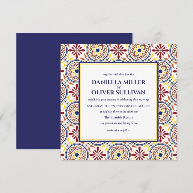 Invitación Boda mediterráneo de la Marina Española Tile Amari (Anverso / Reverso)