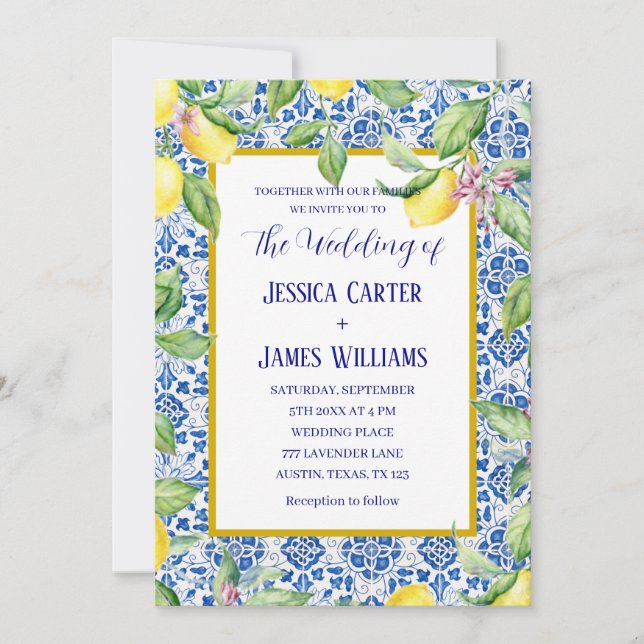 Invitación Boda mediterráneo de lemones de azulejos portugues (Anverso)