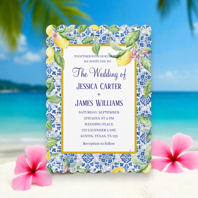 Invitación Boda mediterráneo de lemones de azulejos portugues (Subido por el creador)