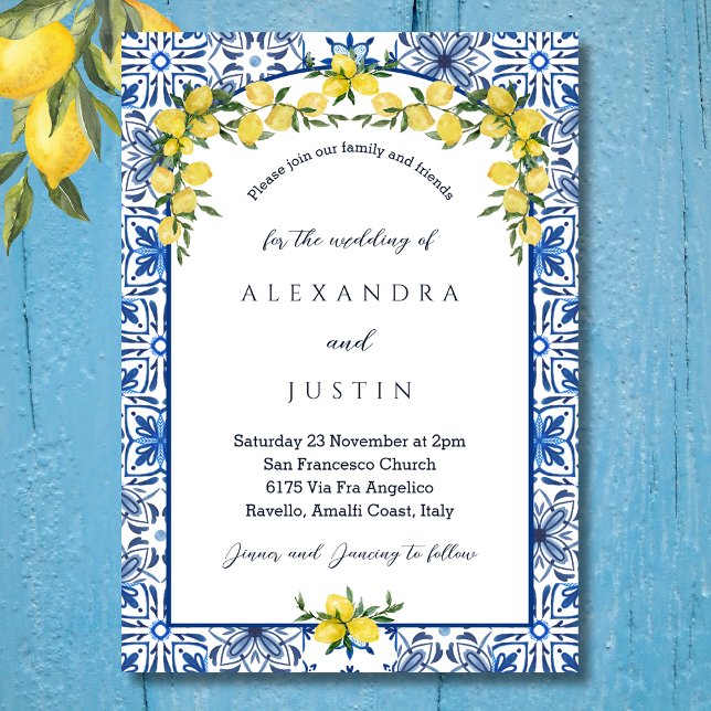 Invitación Boda mediterráneo de limón amarillo azul italiano (Subido por el creador)