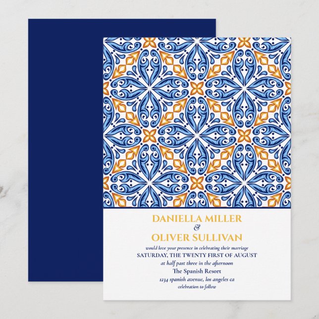 Invitación Boda mediterráneo de mosaico amarillo azul español (Anverso / Reverso)