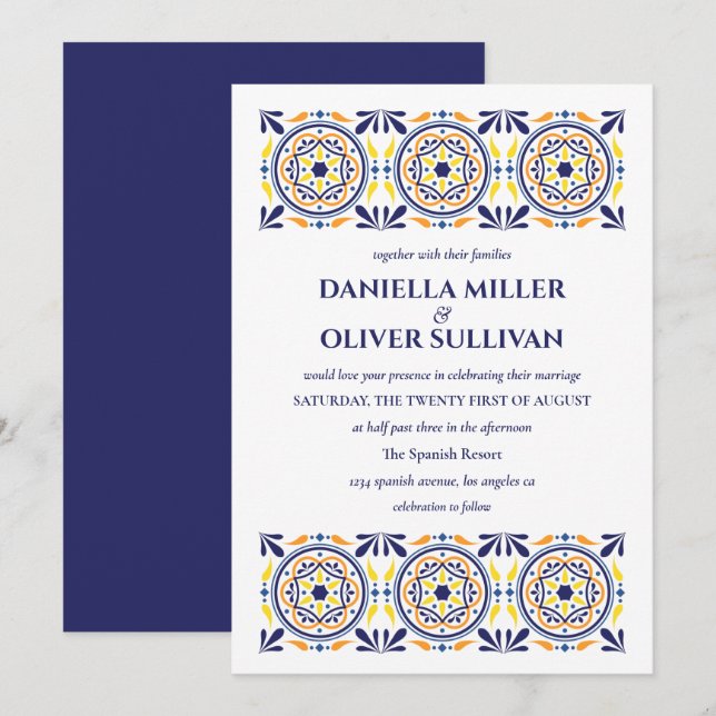 Invitación Boda Mediterráneo de tela amarilla de la marina es (Anverso / Reverso)