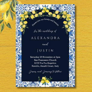 Invitación Boda mediterráneo italiano Blue Tile Lemon