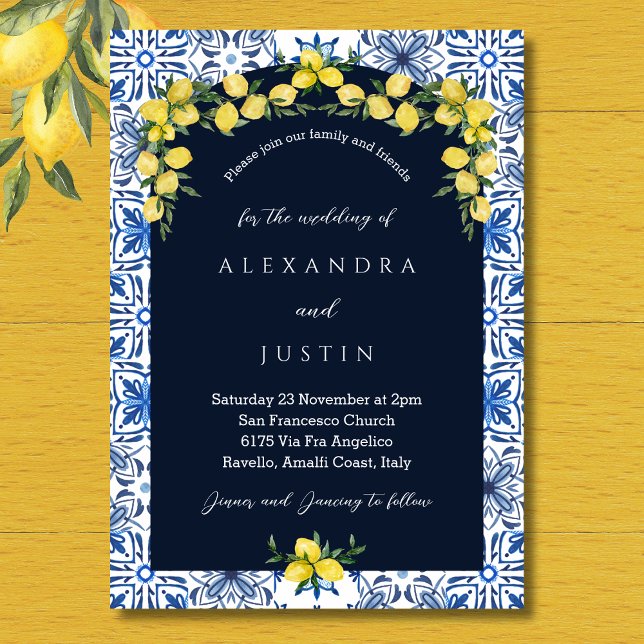 Invitación Boda mediterráneo italiano Blue Tile Lemon (Subido por el creador)