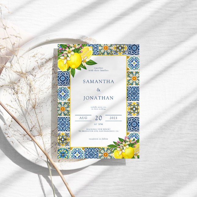 Invitación Boda mediterráneo moderno con limón azul y amarill (Subido por el creador)