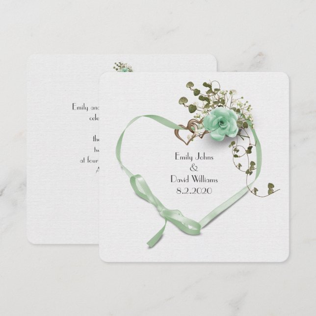 Invitación boda menta corazón de cinta verde y ramo de rosa (Anverso / Reverso)