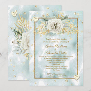 Invitación Boda Menta Verde Azul Dorado mármol Rosa Floral