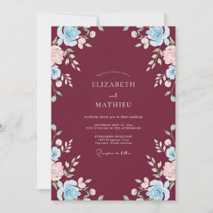 Invitación Boda Merlot Azure Ranunculus Eucalipto