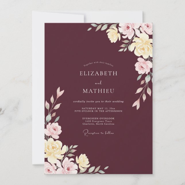 Invitación Boda Merlot Blush Ranunculus Eucalipto (Anverso)