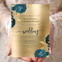 Boda Metal Brillado Dorado Floral Azul Teal