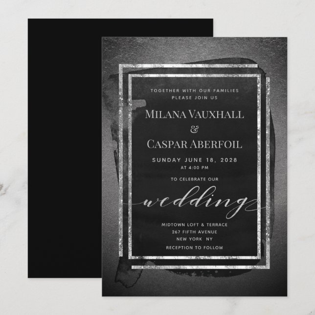 Invitación Boda metálico Black Pewter & Silver Frames (Anverso / Reverso)
