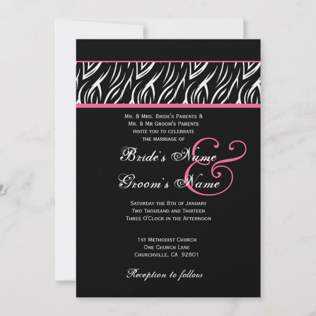 Invitación Boda metalico de la llama de cebra rosa negra (Anverso)