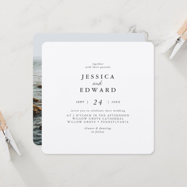 Invitación Boda Metálico de Plata y Foto Negra (Anverso/Reverso In Situ)