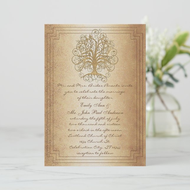 Invitación Boda metálico Gold Swirl Tree Gold (Anverso de pie)