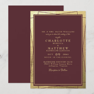 Invitación Boda Metálico Golden Elegance y Borgoña