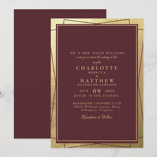 Invitación Boda Metálico Golden Elegance y Borgoña (Anverso / Reverso)