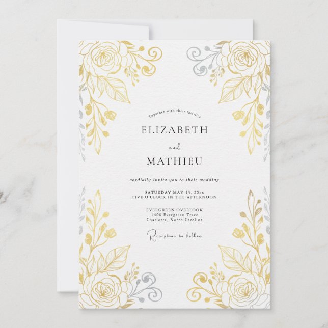 Invitación Boda Metalizada con Hojas de Oro (Anverso)