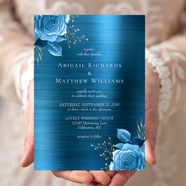 Invitación Boda Metalizado cepillado floral de oro azul Verde (Subido por el creador)
