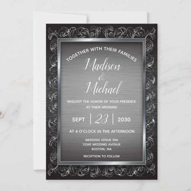 Invitación Boda Metalizado oscuro grunge plateado (Anverso)