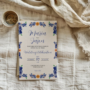 Invitación Boda Mexicana de Azul Marítimo Minimalista Floral 