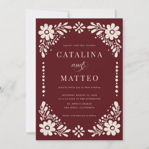 Invitación Boda Mexicana de Burgundy y Marfil con Papel Picad