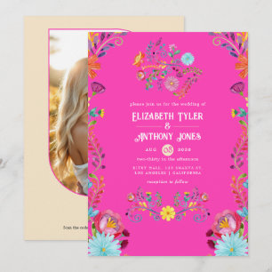 Invitación Boda Mexicana de Fiesta Floral Magenta y Champán