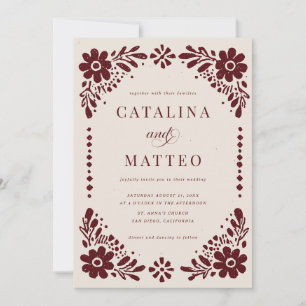 Invitación Boda Mexicana de Marfil y Borgoña con Papel Picado