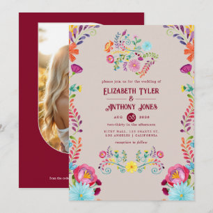 Invitación Boda Mexicana Fiesta con Floral Warm Taupe/Burgund