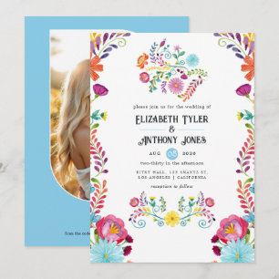 Invitación Boda Mexicana Fiesta de Azul Celeste y Blanco Flor
