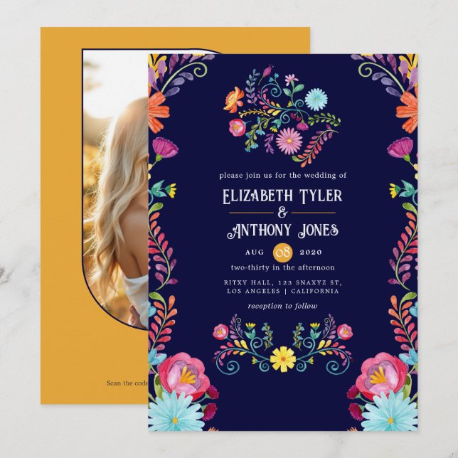 Invitación Boda Mexicana Fiesta de Navy Profundo y Marigold F (Anverso / Reverso)