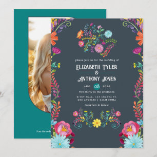 Invitación Boda Mexicana Fiesta Gris Carbón y Floral Teal