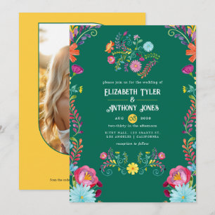 Invitación Boda Mexicana Fiesta Verde Esmeralda y Dorado Flor
