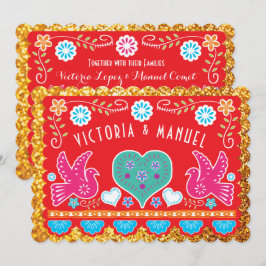 Invitación Boda mexicano Papel Picado Purpurina de oro