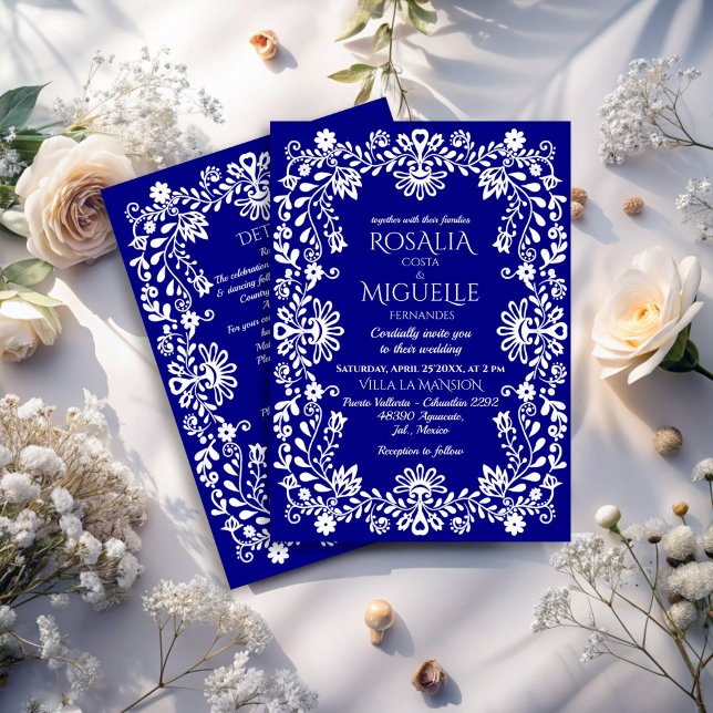 Invitación Boda mexicano Talavera azul marino (Talavera navy blue Mexican wedding Invitation cards with RSVP vintage folk art wedding cards)