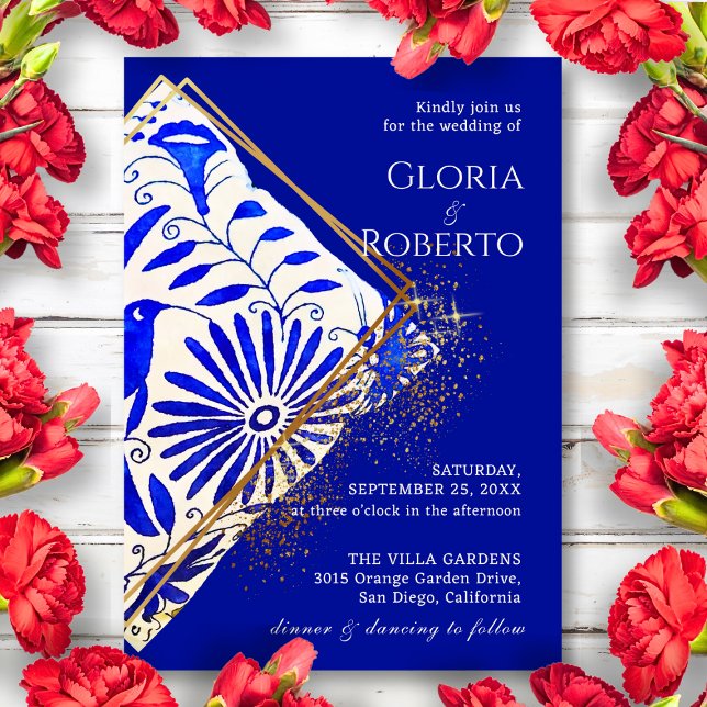 Invitación Boda mexicano Talavera Blue Golden Elegant (Subido por el creador)