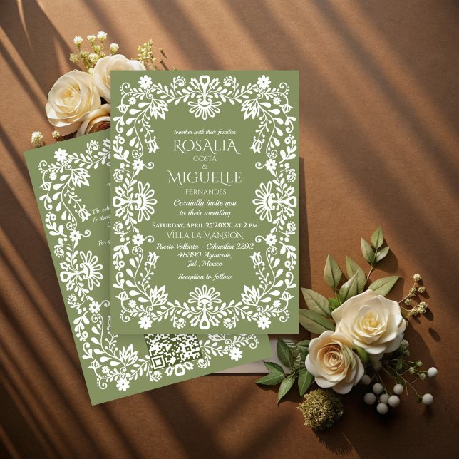 Invitación Boda mexicano Talavera sage verde (Talavera folk art sage green vintage Mexican wedding Invitation cards with RSVP template)