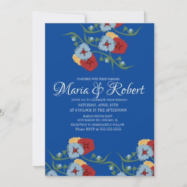 Invitación Boda Mexicano Verde Vino Azul Floral (Anverso)
